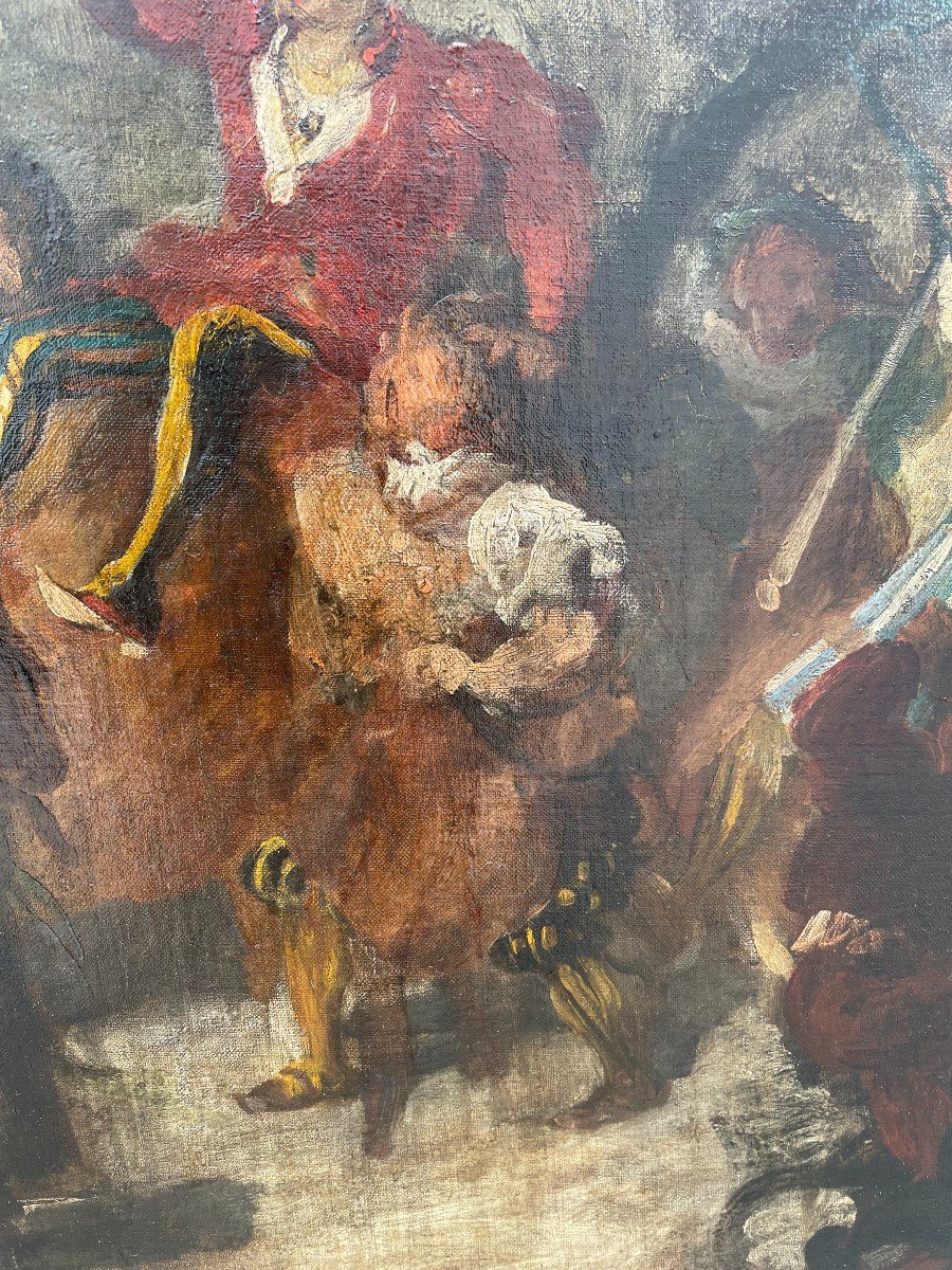 Très grand tableau style troubadour carnaval de rue 140 X 110 cm époque XIXème-photo-5