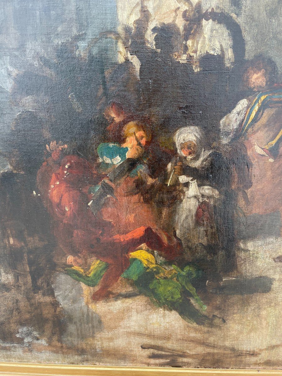 Très grand tableau style troubadour carnaval de rue 140 X 110 cm époque XIXème-photo-6