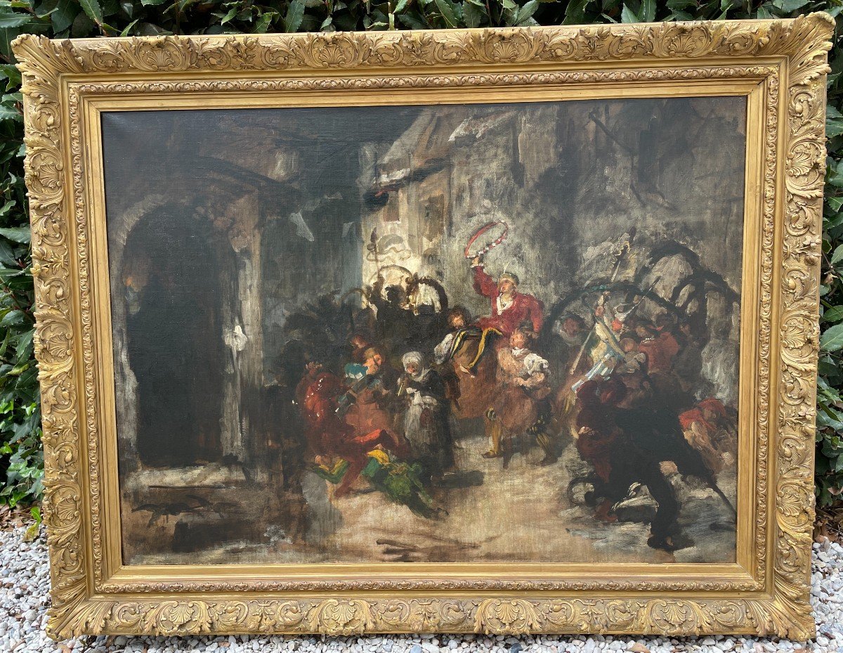 Très grand tableau style troubadour carnaval de rue 140 X 110 cm époque XIXème