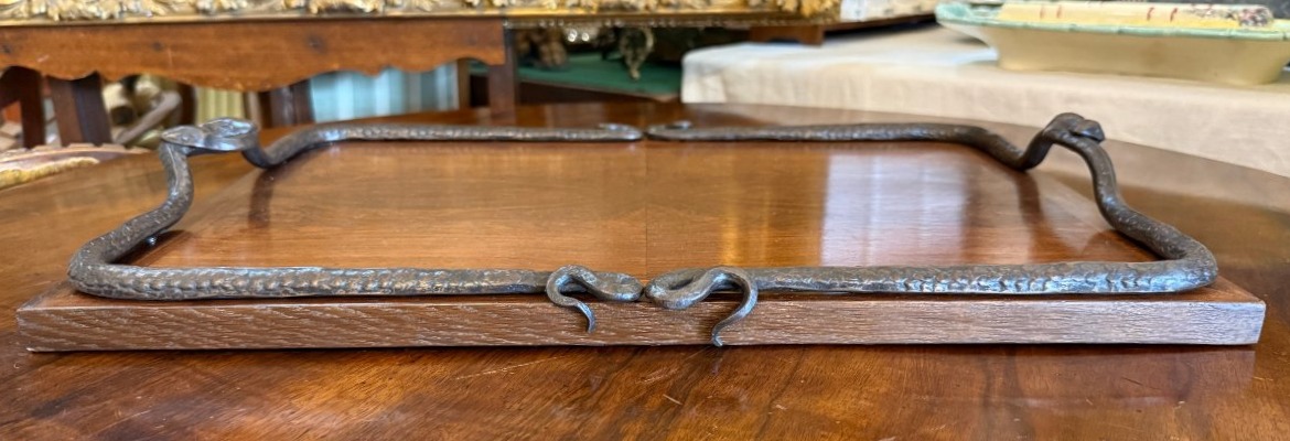 Large Art Deco Serving Tray Made Of Rosewood With Wrought-iron Snakes, Circa 1925-photo-3