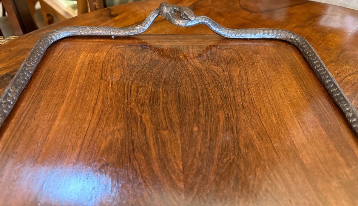 Large Art Deco Serving Tray Made Of Rosewood With Wrought-iron Snakes, Circa 1925-photo-1