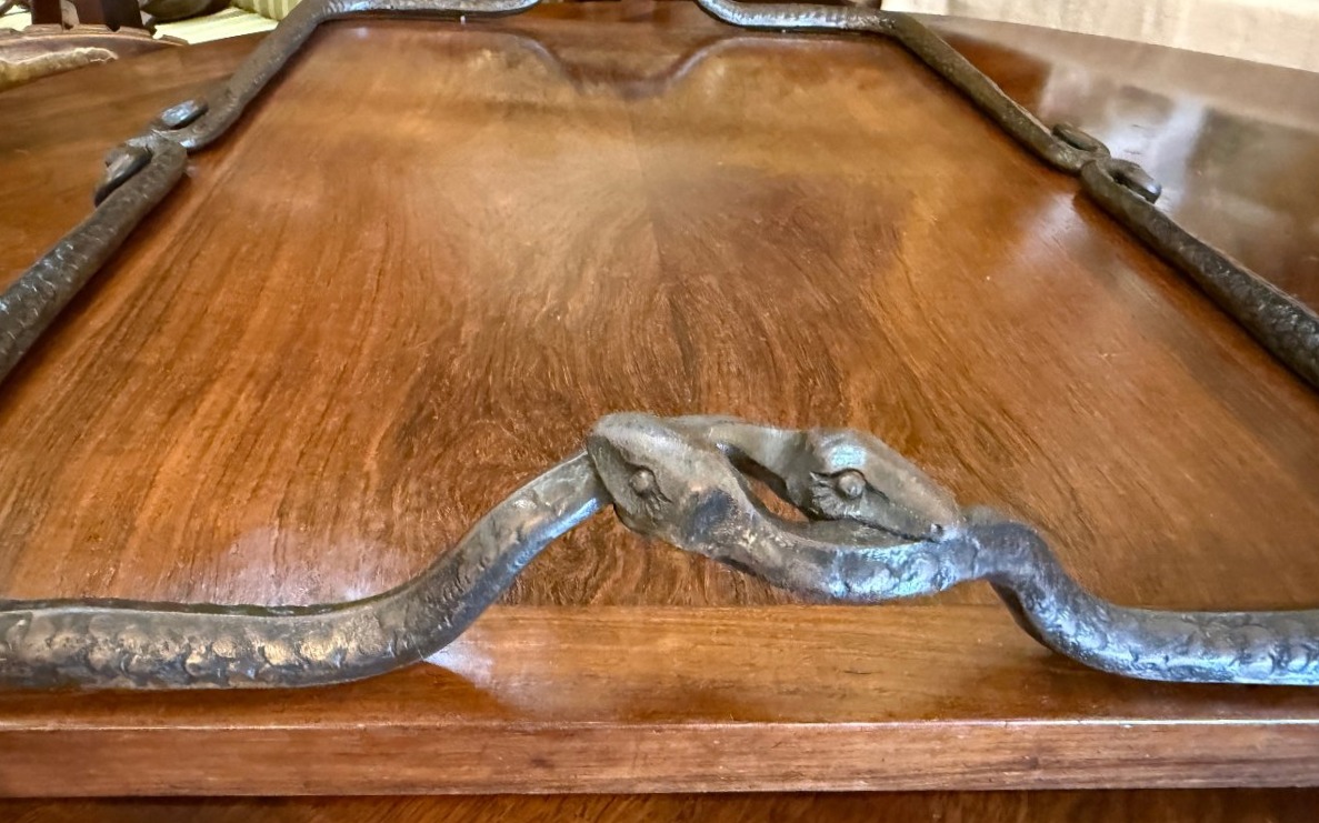 Large Art Deco Serving Tray Made Of Rosewood With Wrought-iron Snakes, Circa 1925-photo-3