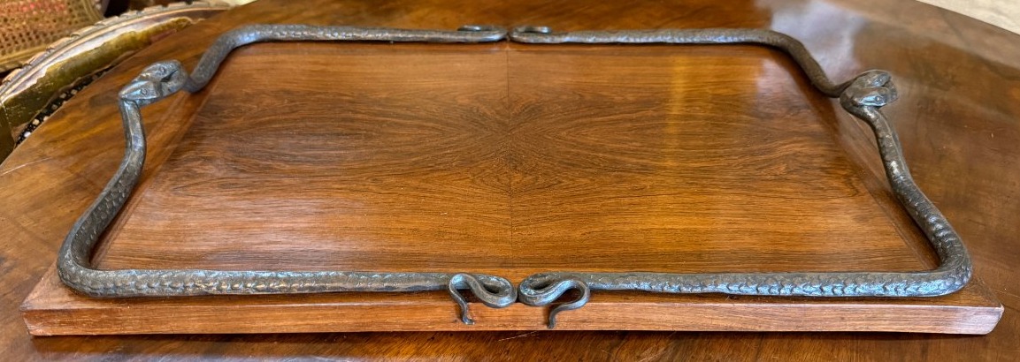 Large Art Deco Serving Tray Made Of Rosewood With Wrought-iron Snakes, Circa 1925-photo-5