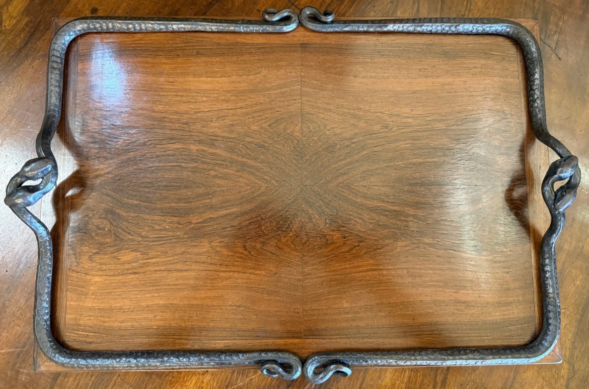 Large Art Deco Serving Tray Made Of Rosewood With Wrought-iron Snakes, Circa 1925