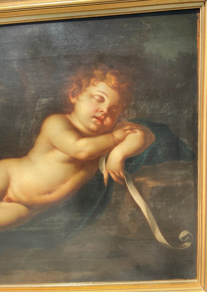 Grand tableau  amour endormi au ruban d'après Pierre Mignard  début XIXème 104 X 77 Cm-photo-3