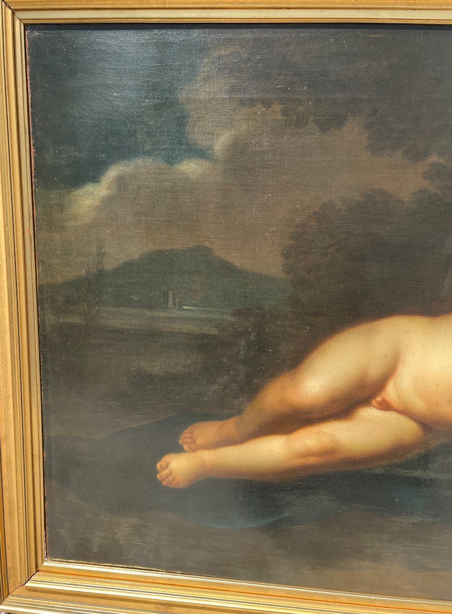Grand tableau  amour endormi au ruban d'après Pierre Mignard  début XIXème 104 X 77 Cm-photo-1