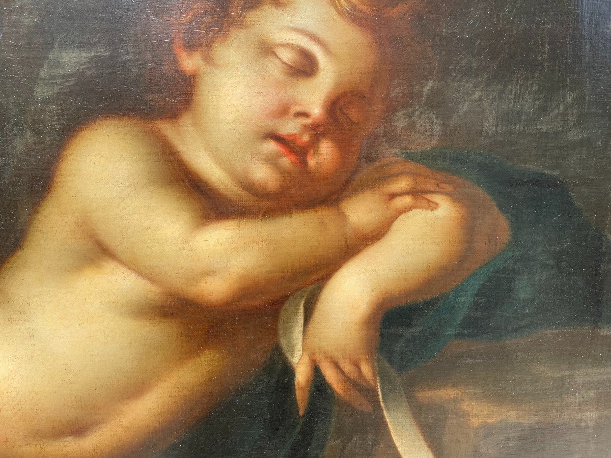 Grand tableau  amour endormi au ruban d'après Pierre Mignard  début XIXème 104 X 77 Cm-photo-3