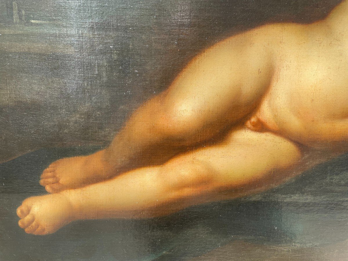 Grand tableau  amour endormi au ruban d'après Pierre Mignard  début XIXème 104 X 77 Cm-photo-5
