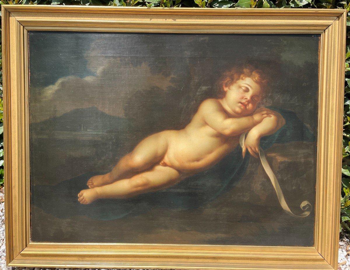 Grand tableau  amour endormi au ruban d'après Pierre Mignard  début XIXème 104 X 77 Cm