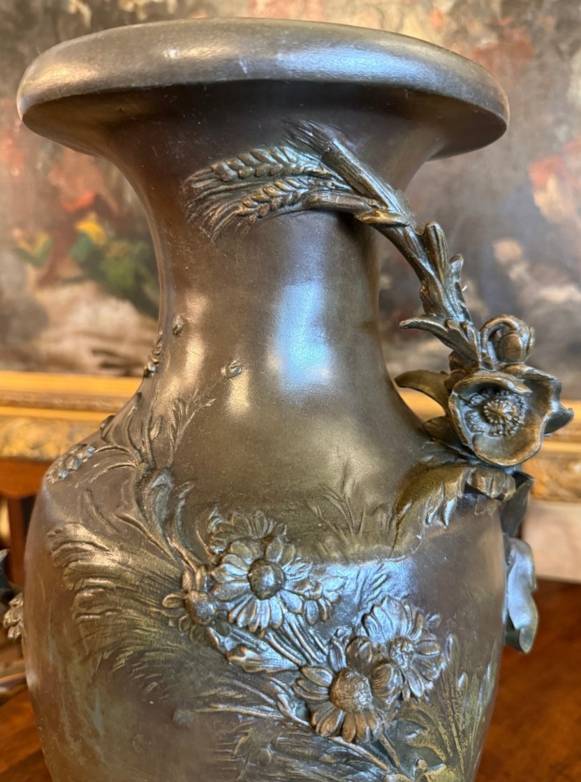 Auguste Moreau importante paire de vases Art Nouveau en régule patiné deux tons vers 1900-photo-3