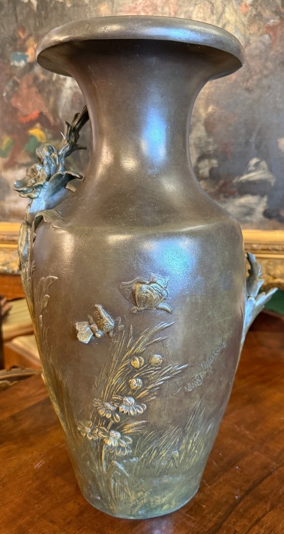 Auguste Moreau importante paire de vases Art Nouveau en régule patiné deux tons vers 1900-photo-2