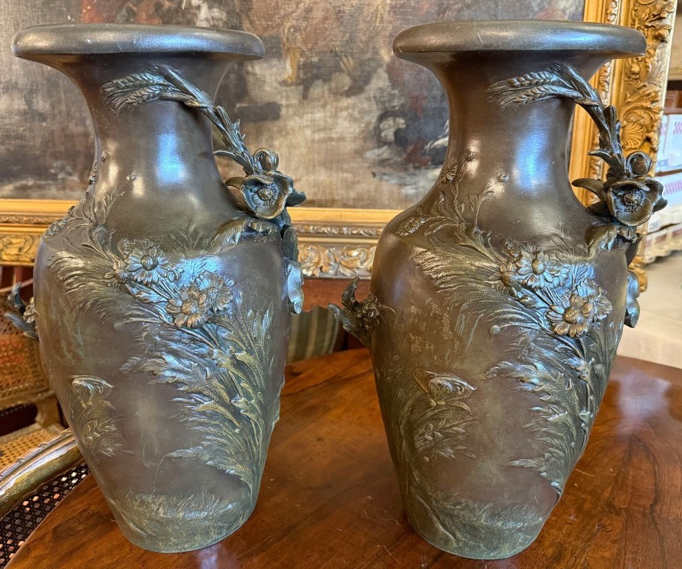 Auguste Moreau importante paire de vases Art Nouveau en régule patiné deux tons vers 1900
