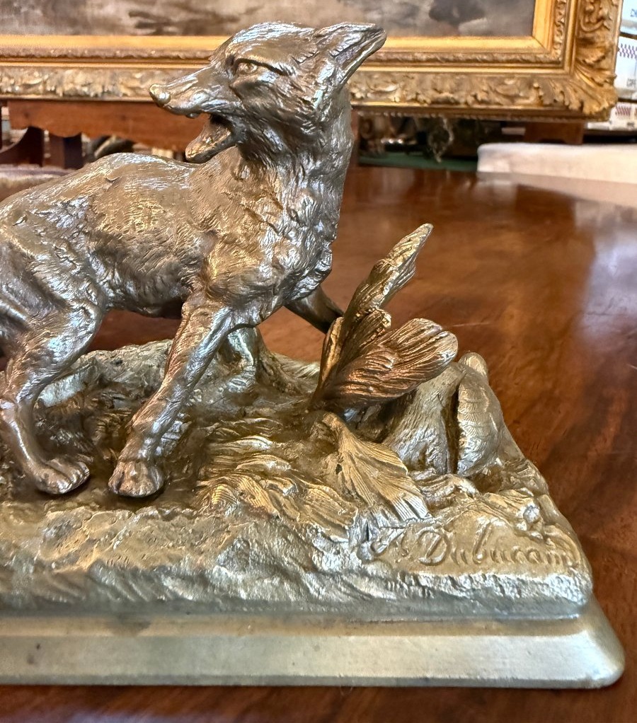 Alfred Dubucand petite sculpture bronze doré renard pris au piège devant une perdrix  XIXème-photo-2