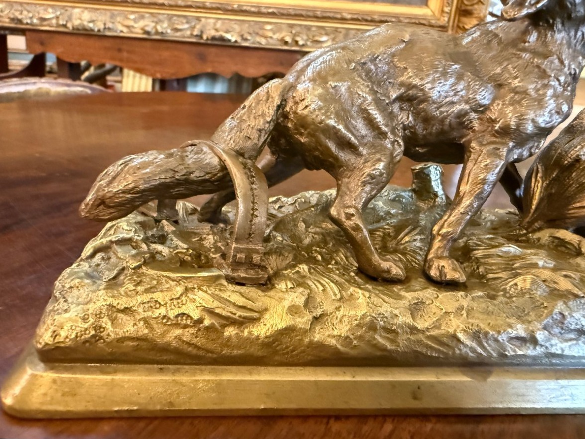 Alfred Dubucand petite sculpture bronze doré renard pris au piège devant une perdrix  XIXème-photo-3