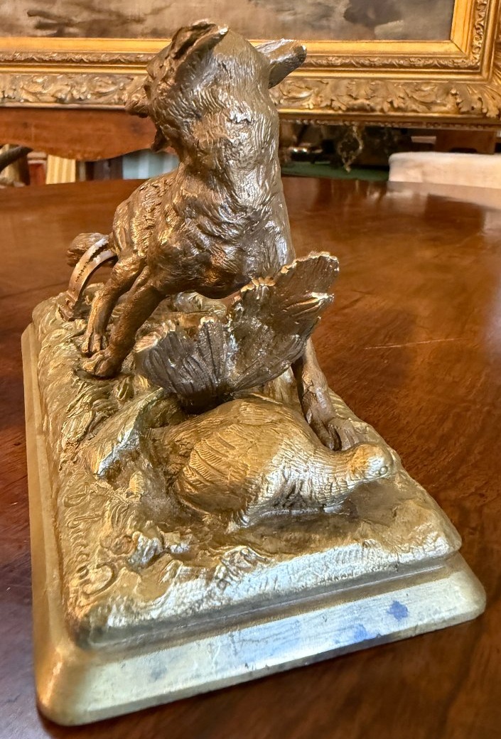 Alfred Dubucand petite sculpture bronze doré renard pris au piège devant une perdrix  XIXème-photo-4
