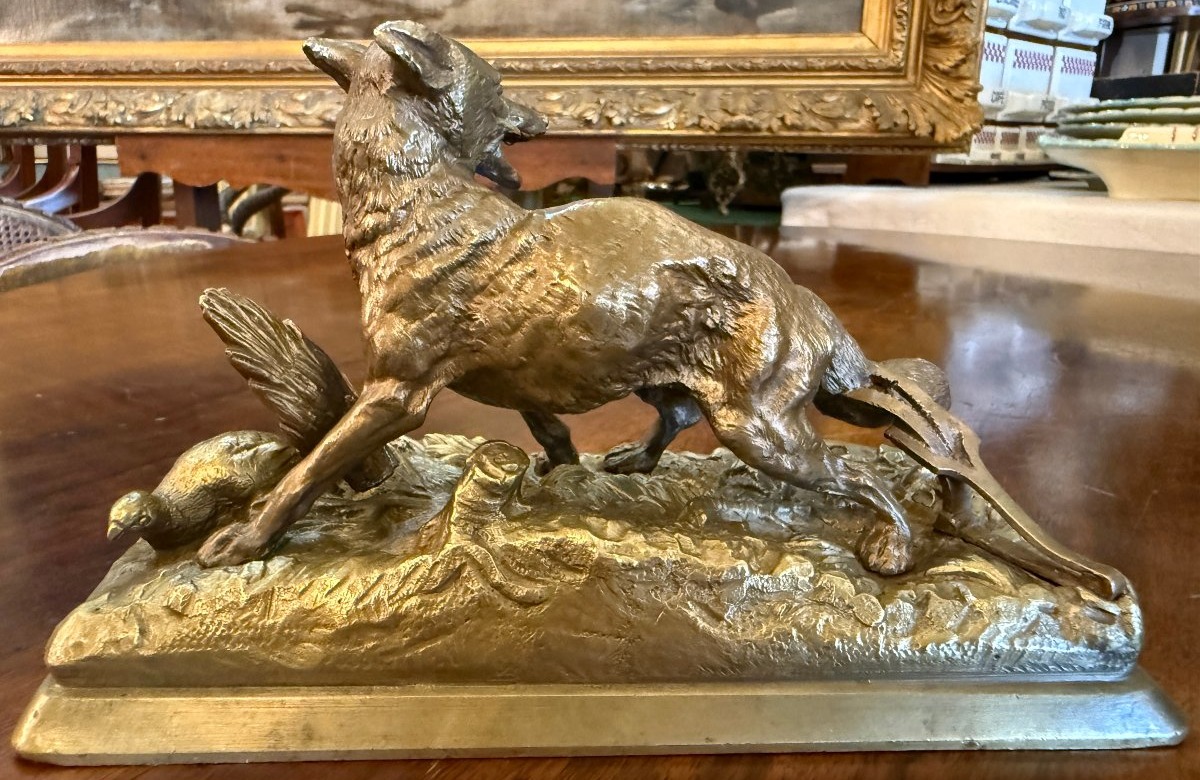 Alfred Dubucand petite sculpture bronze doré renard pris au piège devant une perdrix  XIXème-photo-1
