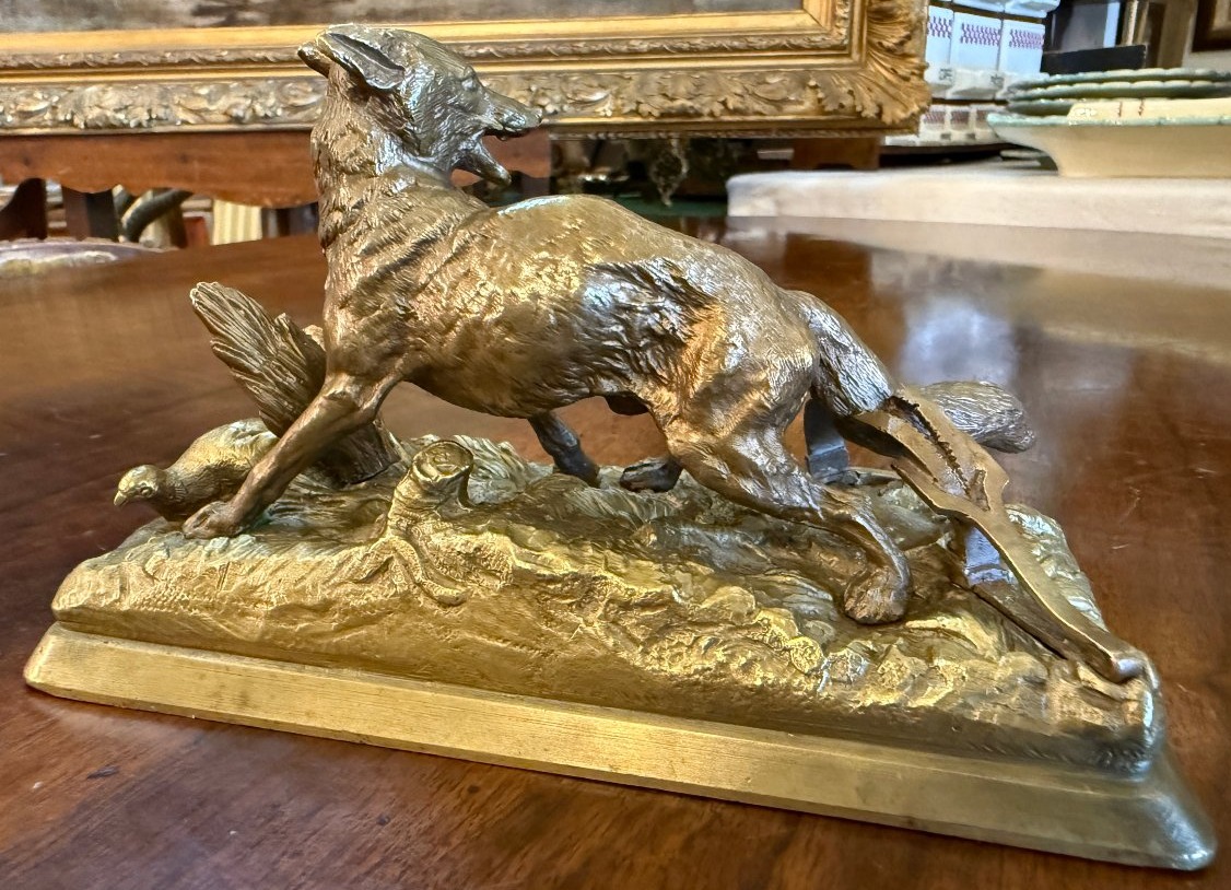 Alfred Dubucand petite sculpture bronze doré renard pris au piège devant une perdrix  XIXème-photo-3