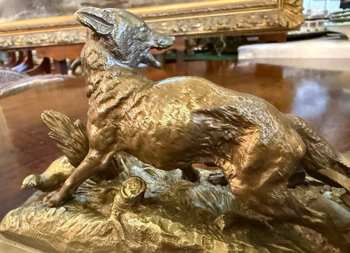Alfred Dubucand petite sculpture bronze doré renard pris au piège devant une perdrix  XIXème-photo-4
