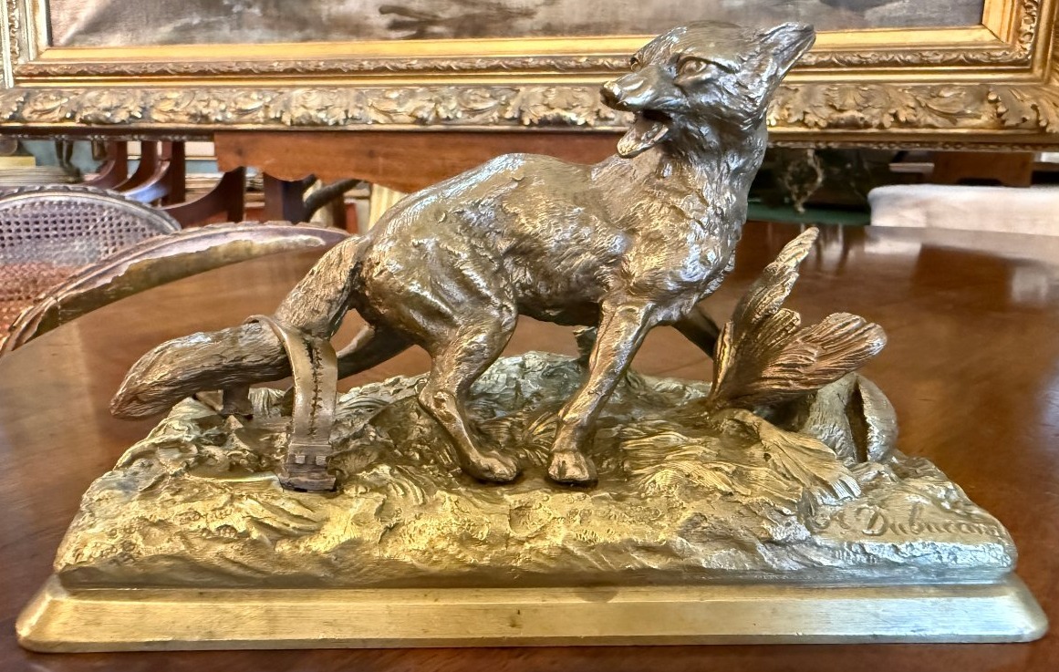 Alfred Dubucand petite sculpture bronze doré renard pris au piège devant une perdrix  XIXème