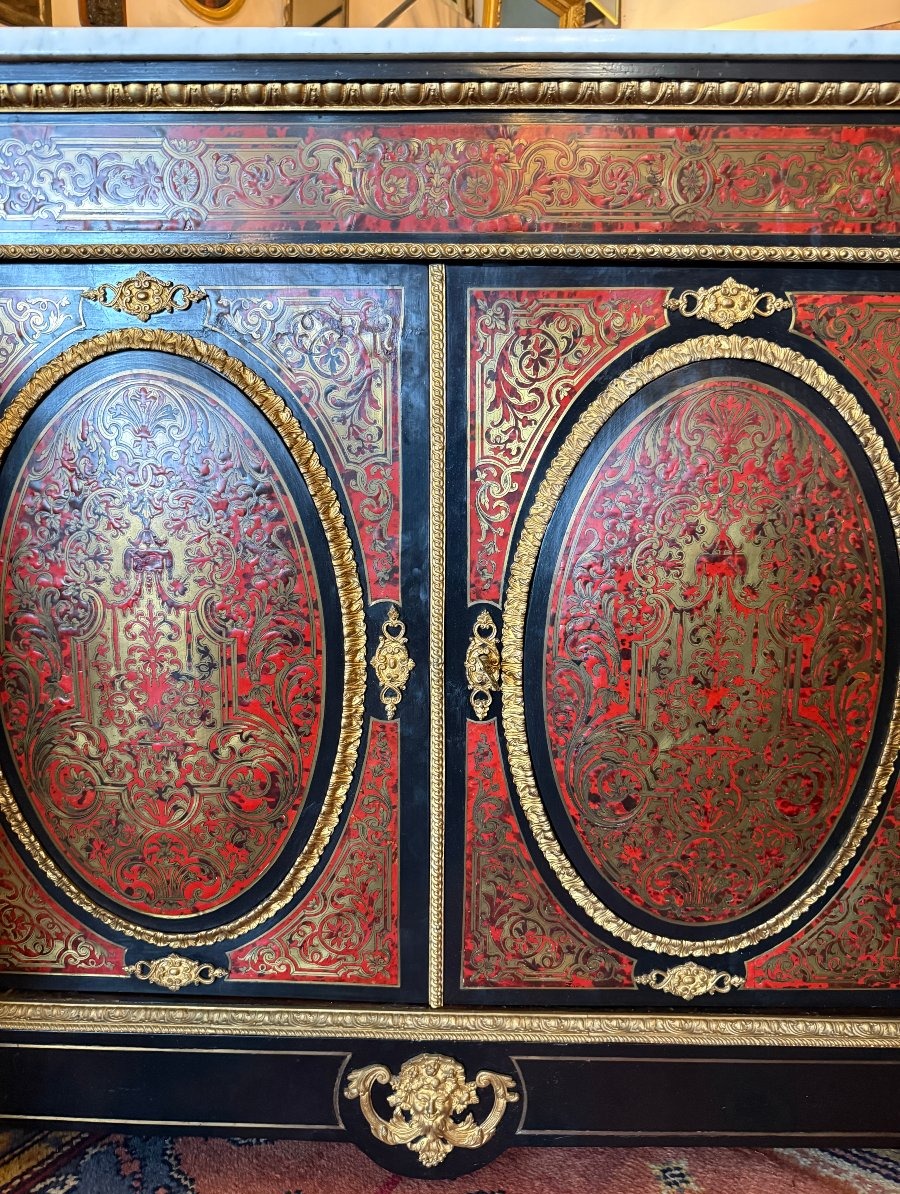 Two-door Sideboard With Boulle Marquetry In Red Tortoiseshell And Brass, From The Napoleon III Period-photo-4