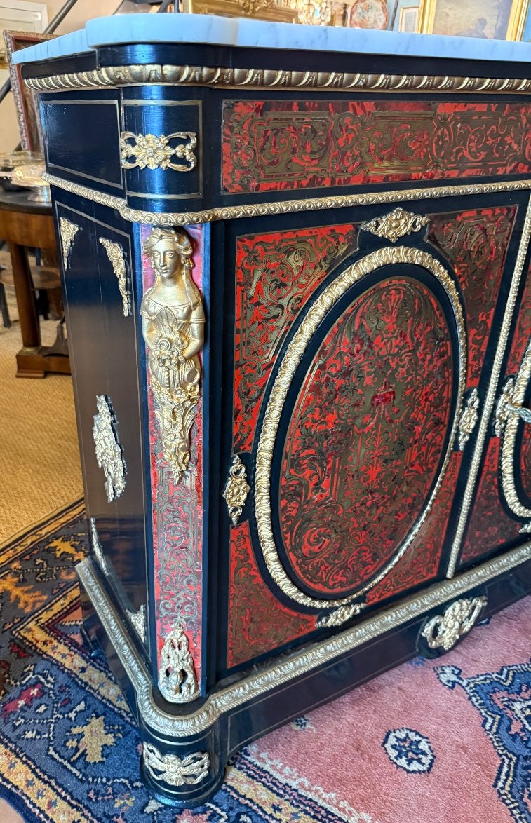 Two-door Sideboard With Boulle Marquetry In Red Tortoiseshell And Brass, From The Napoleon III Period-photo-2