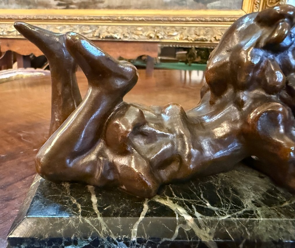 Small Bronze Sculpture Of A Dreamy Young Girl Reading, Early 20th Century-photo-3