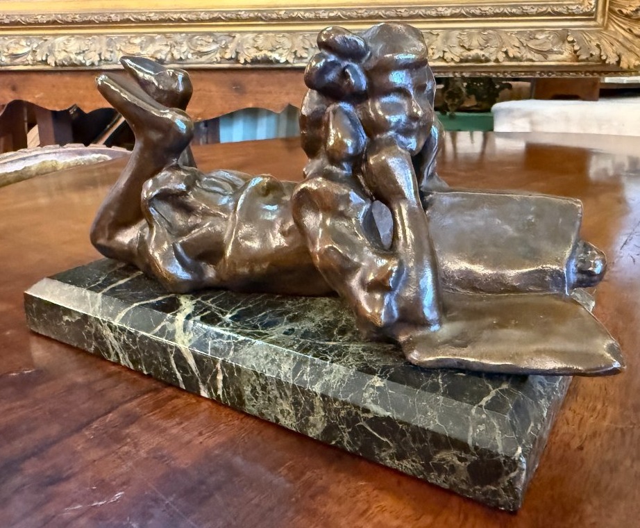 Small Bronze Sculpture Of A Dreamy Young Girl Reading, Early 20th Century