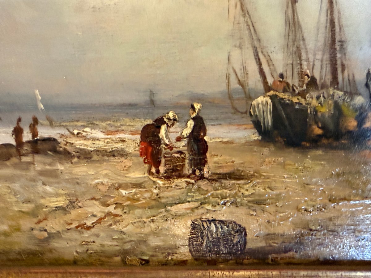 Tableau marine retour de pêche école normande fin XIXème-photo-4