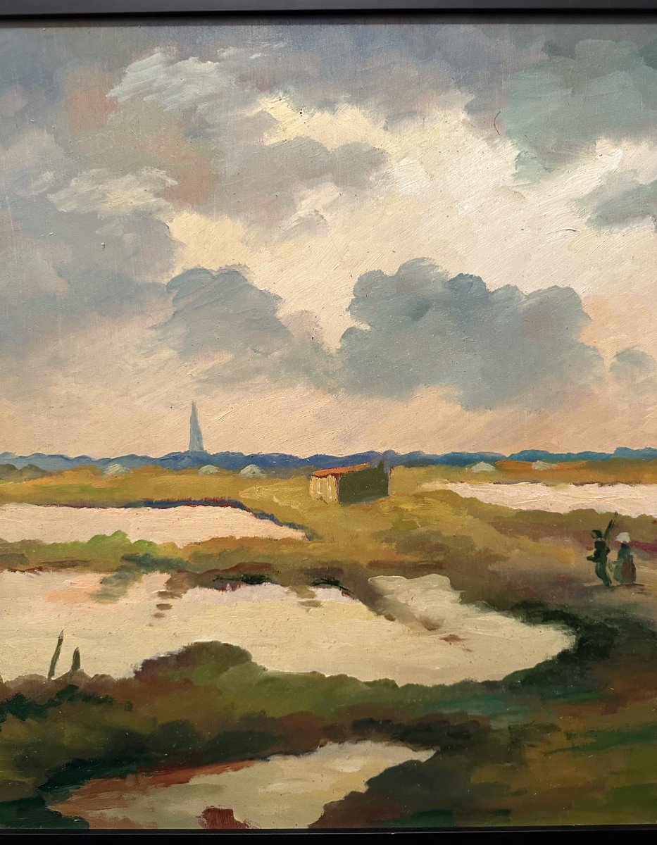 Louis Suire, Large Painting Depicting A Couple Of Salt Workers In The Ars-en-ré Marshes, île De Ré, 1984-photo-3