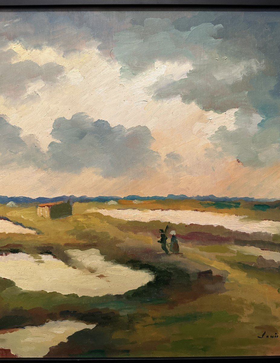 Louis Suire, Large Painting Depicting A Couple Of Salt Workers In The Ars-en-ré Marshes, île De Ré, 1984-photo-4