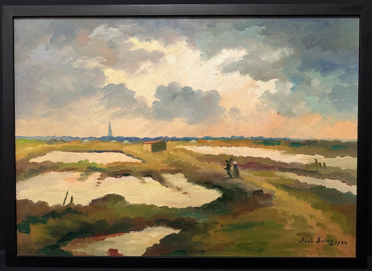 Louis Suire, Large Painting Depicting A Couple Of Salt Workers In The Ars-en-ré Marshes, île De Ré, 1984
