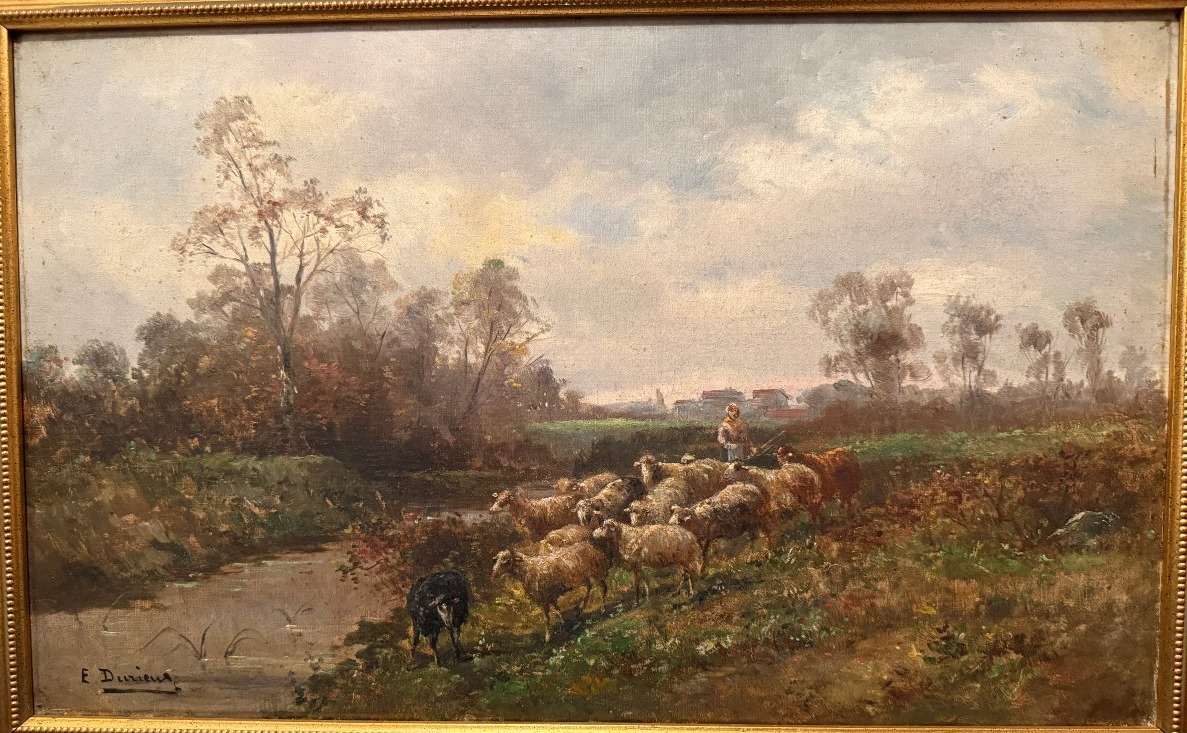 Tableau bergère menant ses moutons à la rivière par Émile Durieux XIXème-photo-2