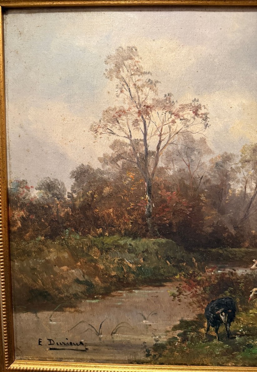 Tableau bergère menant ses moutons à la rivière par Émile Durieux XIXème-photo-3