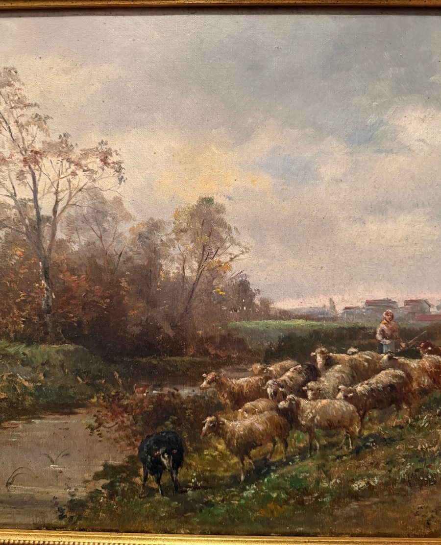 Tableau bergère menant ses moutons à la rivière par Émile Durieux XIXème-photo-4