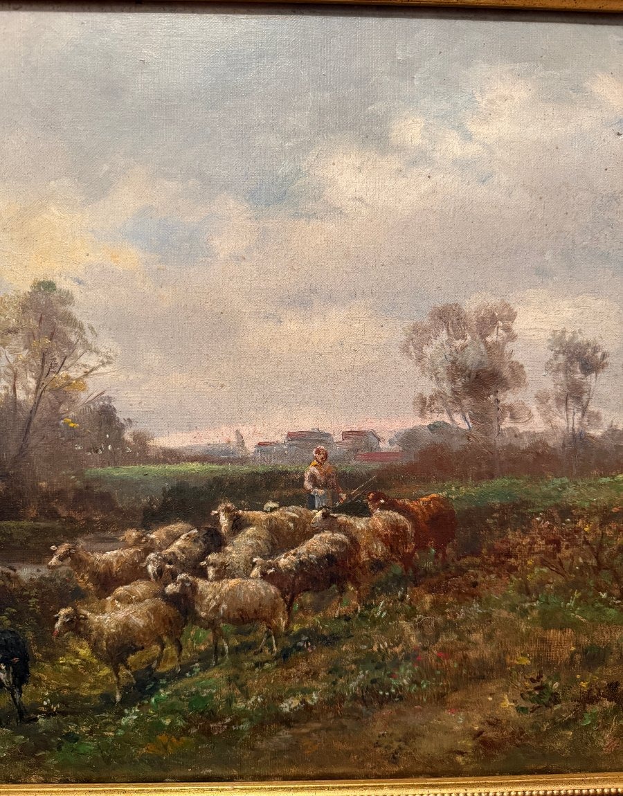 Tableau bergère menant ses moutons à la rivière par Émile Durieux XIXème-photo-1
