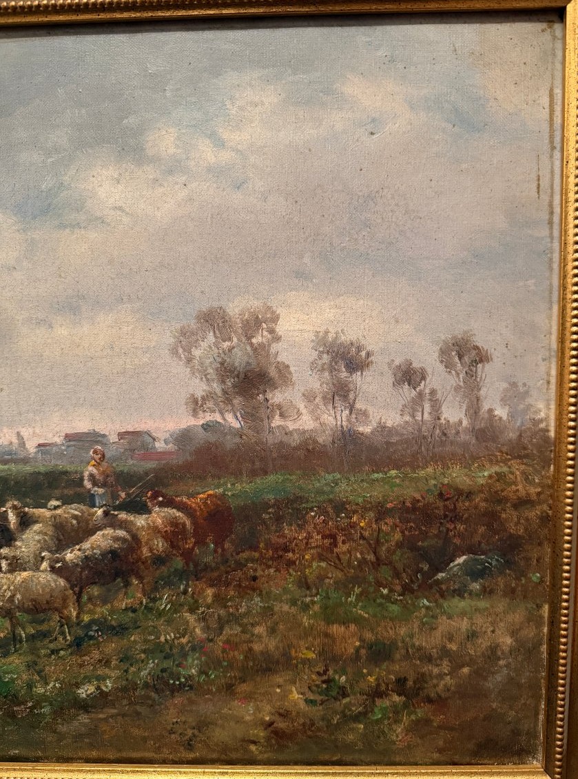 Tableau bergère menant ses moutons à la rivière par Émile Durieux XIXème-photo-2