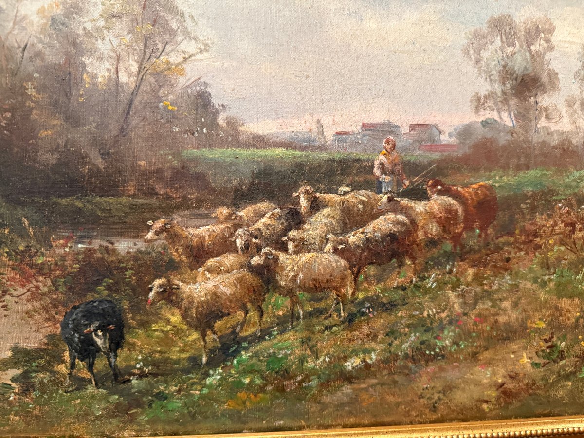 Tableau bergère menant ses moutons à la rivière par Émile Durieux XIXème-photo-3