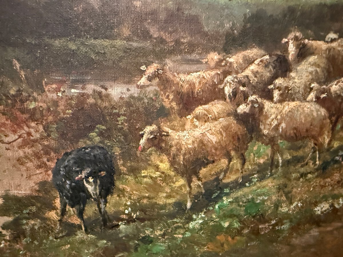Tableau bergère menant ses moutons à la rivière par Émile Durieux XIXème-photo-5