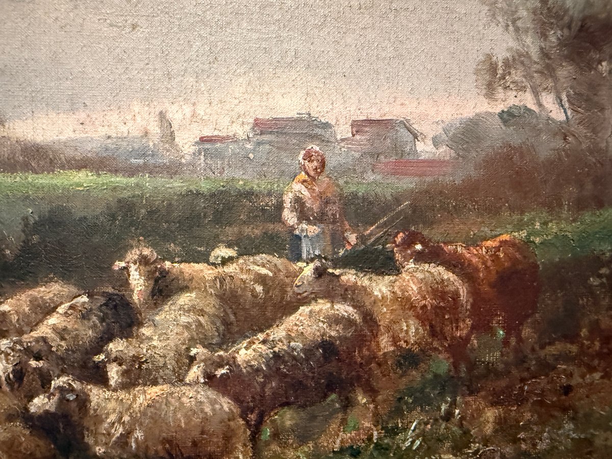 Tableau bergère menant ses moutons à la rivière par Émile Durieux XIXème-photo-6