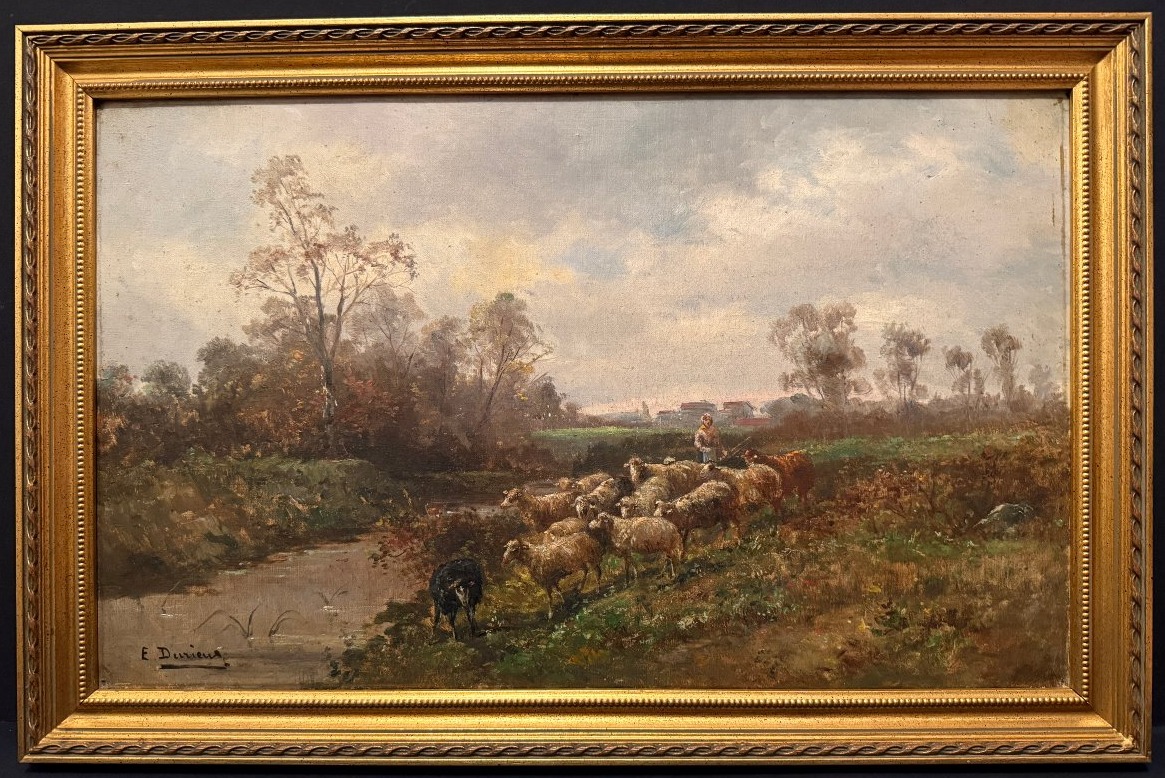 Tableau bergère menant ses moutons à la rivière par Émile Durieux XIXème