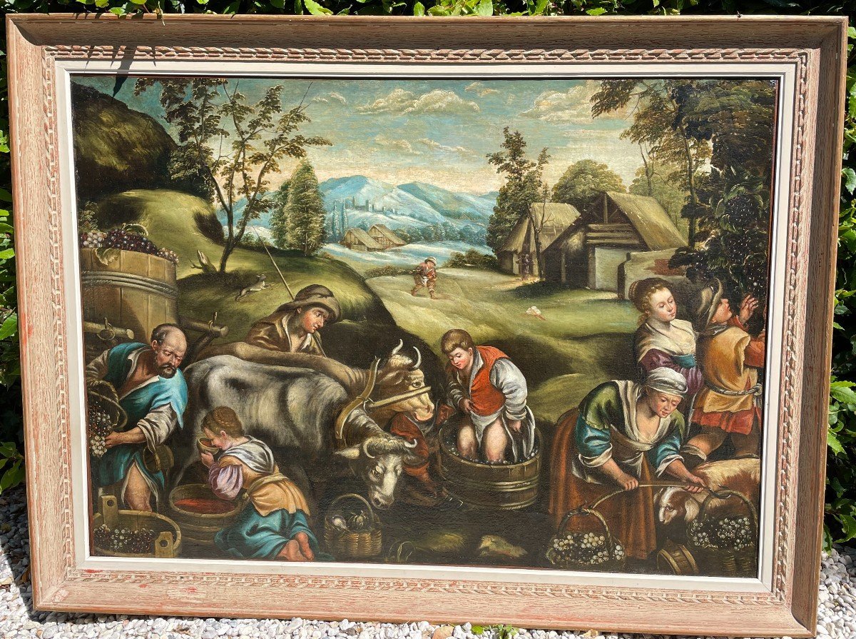 Très grand tableau école italienne XVIIIème  les vendanges  d'après Bassano 130X94 cm