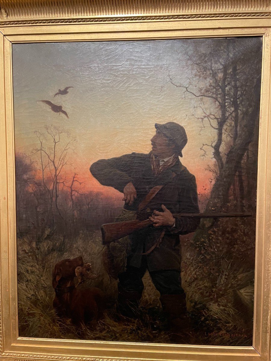 Alsace: Large Painting Depicting Woodcock Hunting At La Croule By Louis Schützenberger, 19th Century-photo-2