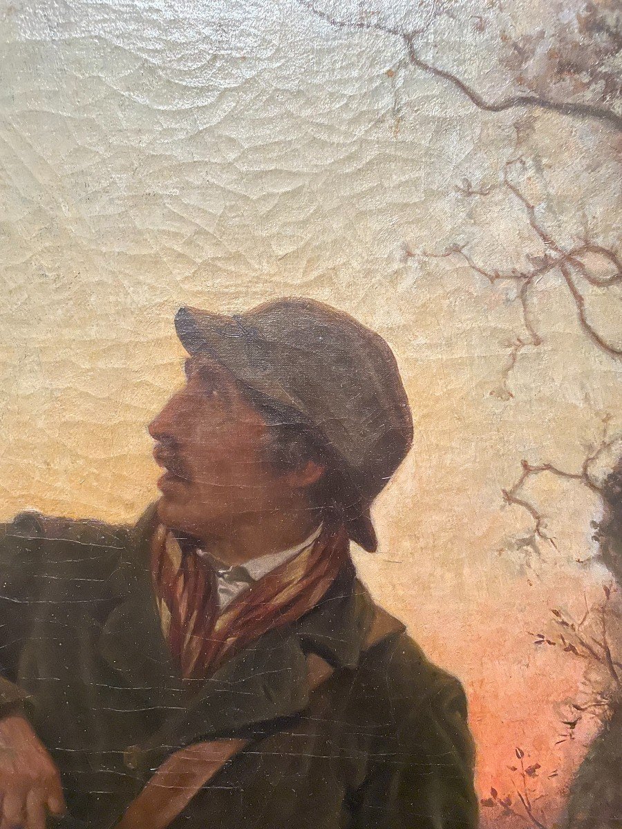 Alsace: Large Painting Depicting Woodcock Hunting At La Croule By Louis Schützenberger, 19th Century-photo-4