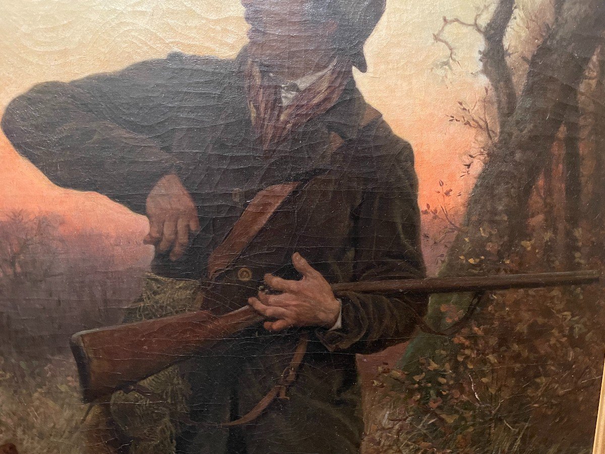 Alsace: Large Painting Depicting Woodcock Hunting At La Croule By Louis Schützenberger, 19th Century-photo-1
