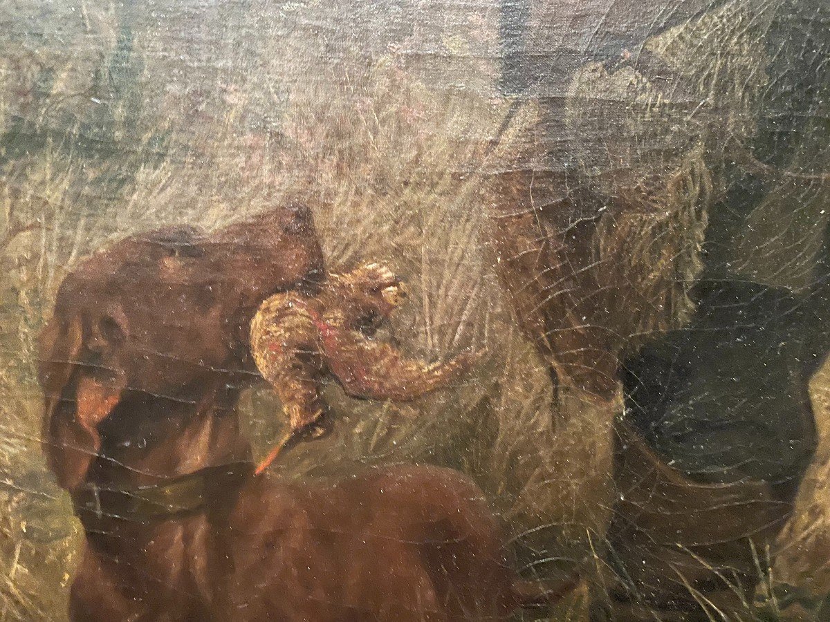 Alsace: Large Painting Depicting Woodcock Hunting At La Croule By Louis Schützenberger, 19th Century-photo-4