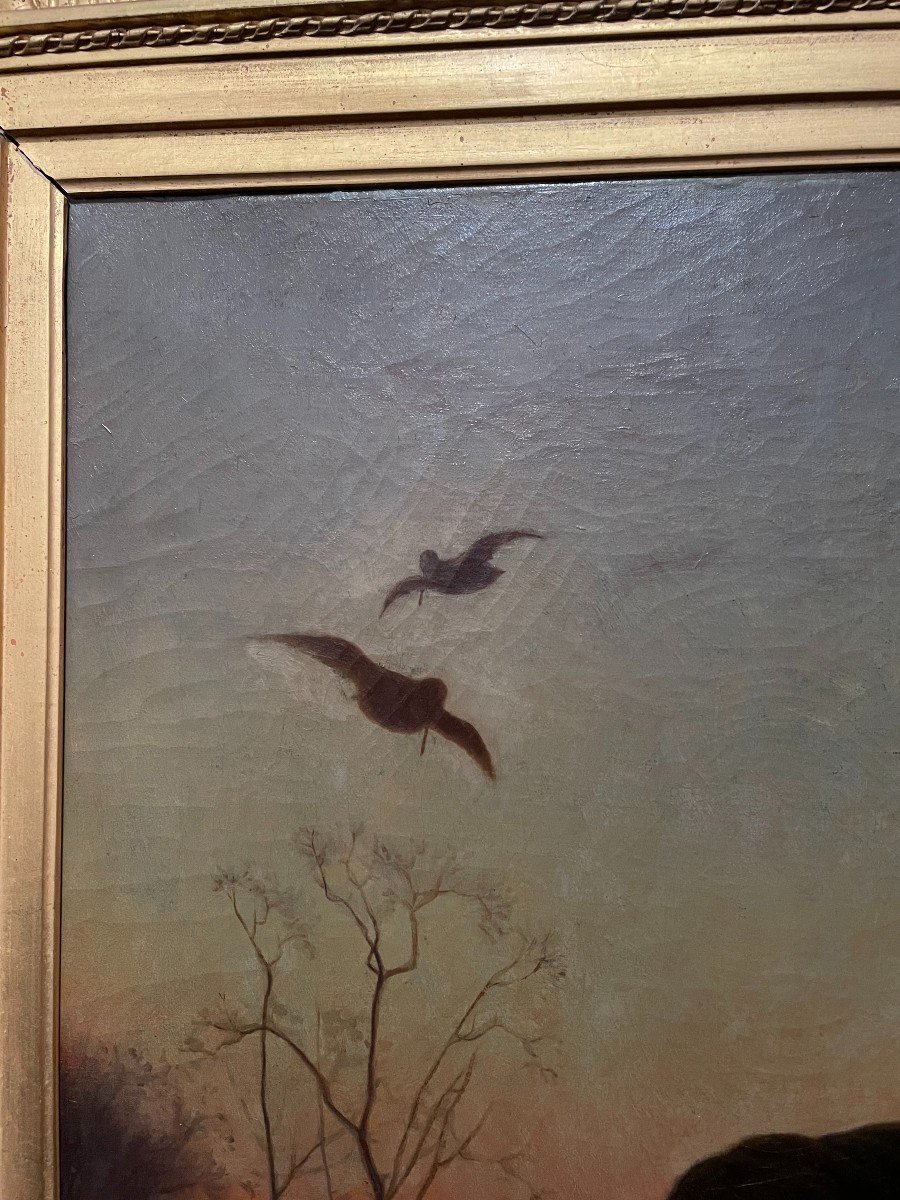 Alsace: Large Painting Depicting Woodcock Hunting At La Croule By Louis Schützenberger, 19th Century-photo-5