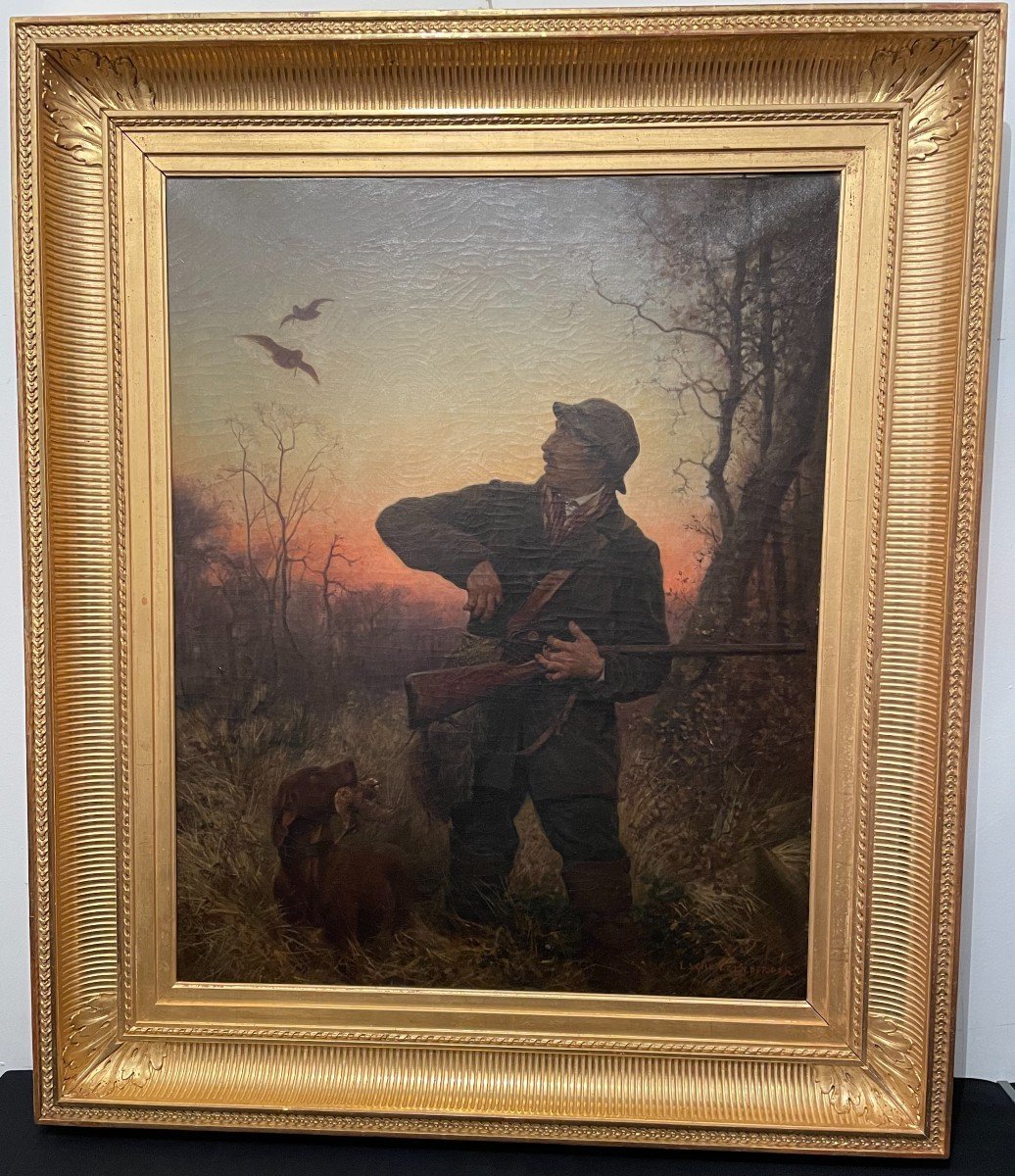 Alsace: Large Painting Depicting Woodcock Hunting At La Croule By Louis Schützenberger, 19th Century