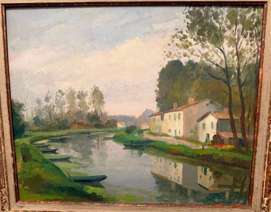 Louis Suire: Large Painting Of Houses Along The River In The Poitevin Marshes In Coulon-photo-2