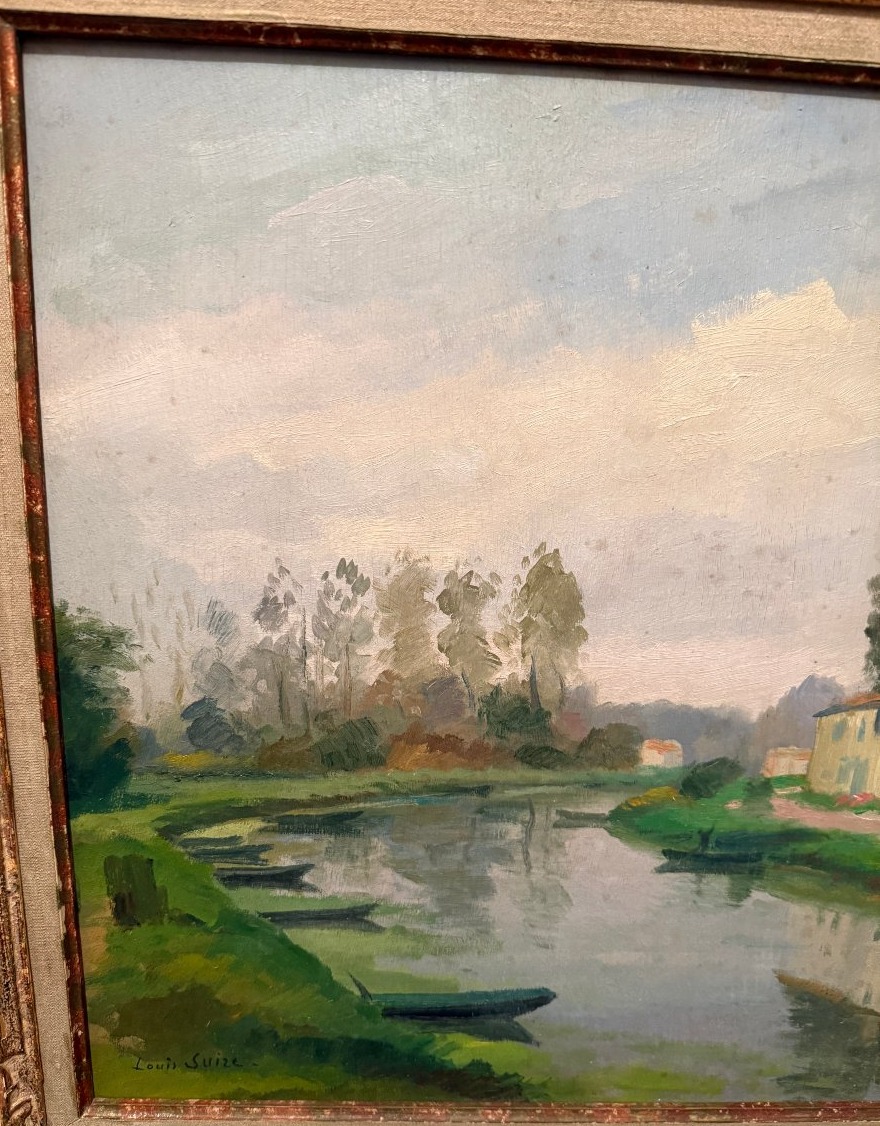 Louis Suire: Large Painting Of Houses Along The River In The Poitevin Marshes In Coulon-photo-3