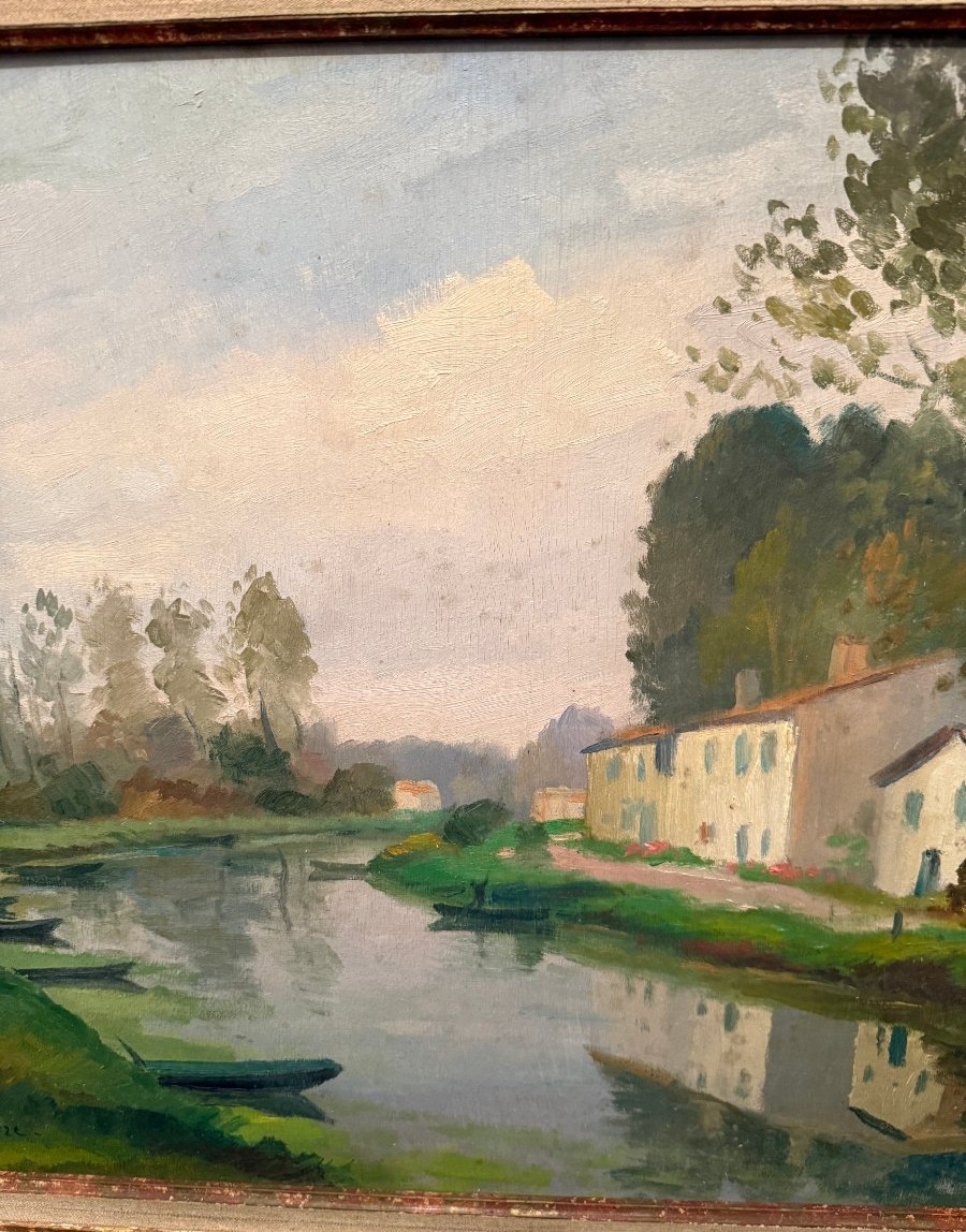 Louis Suire: Large Painting Of Houses Along The River In The Poitevin Marshes In Coulon-photo-4